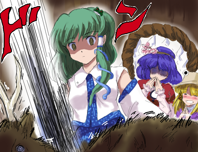 flx, kochiya sanae, moriya suwako, yasaka kanako, touhou, 3girls, blush, chop, deer, empty eyes, female focus, flower, frog, hair ornament, multiple girls, rope, shaded face, shimenawa, snake
