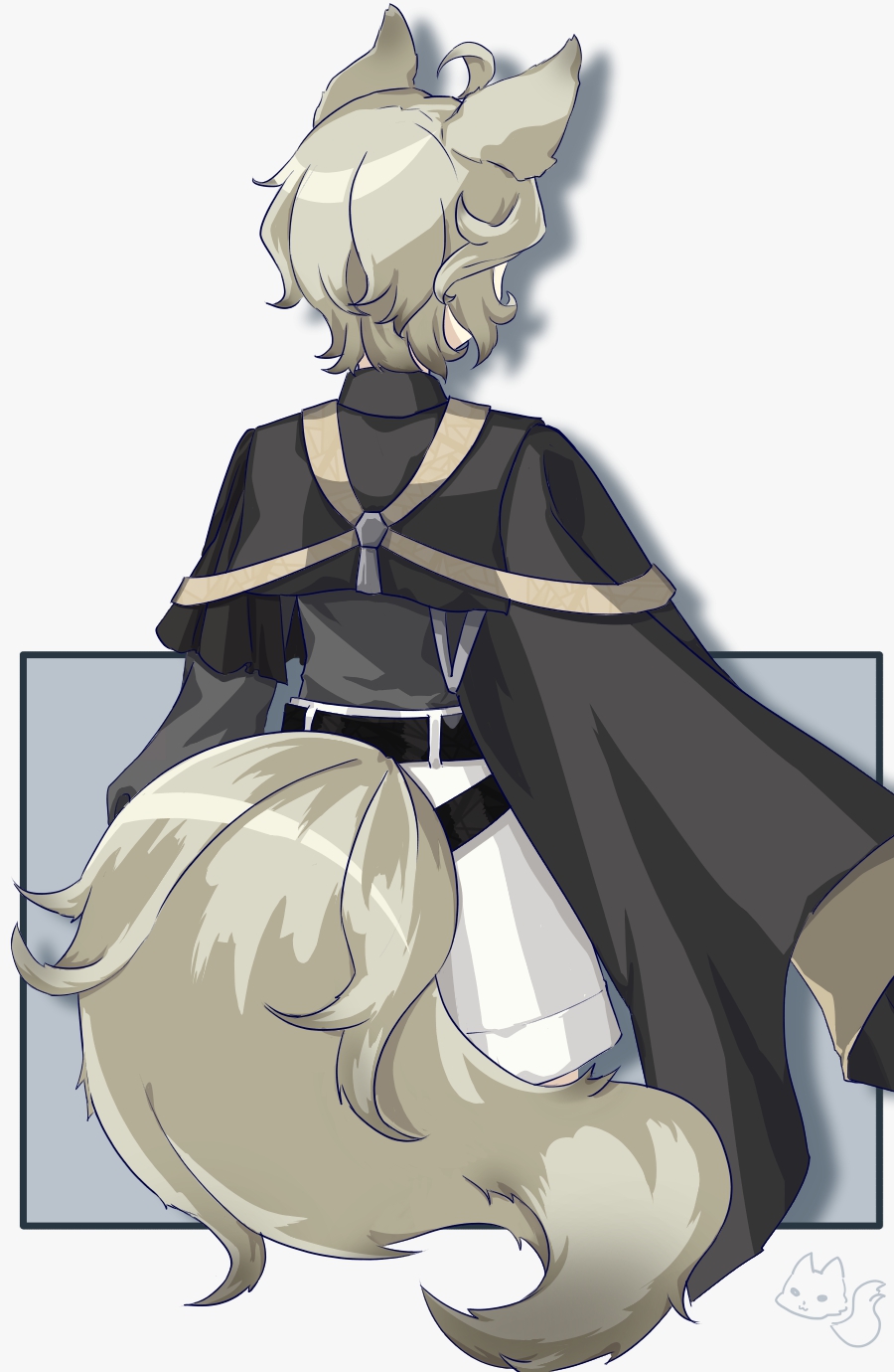 bassline (arknights), arknights, highres, 1boy, animal ears, back, belt, black cape, black shirt, cape, from behind, grey hair, kuro 96tngn, male focus, shirt, short hair, shorts, side cape, tail, white shorts, wolf boy, wolf ears, wolf tail
