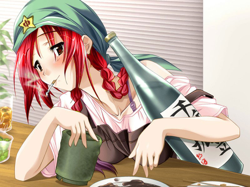 fujiwara warawara, azuma yukie, hong meiling, immaterial and missing power, natsu shoujo, touhou, third-party edit, 1girl, alcohol, bottle, chinese clothes, chopsticks, cigarette, drunk, female focus, hat, plate, red hair, sake, sitting, smoking, solo, star (symbol), table, vest