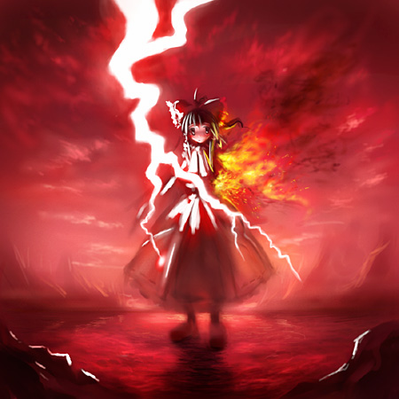 tanaka ken'ichi, hakurei reimu, touhou, bad id, bad pixiv id, lowres, 1girl, female focus, fire, lightning, red background, red theme, solo