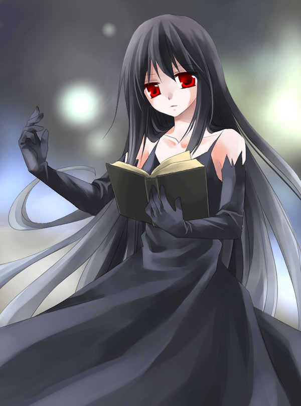 chronica, chronicle 2nd, sound horizon, 1girl, bare shoulders, black dress, black gloves, black hair, book, collarbone, dress, elbow gloves, female focus, gloves, holding, holding book, long hair, looking at viewer, open book, red eyes, sleeveless, sleeveless dress, solo, very long hair