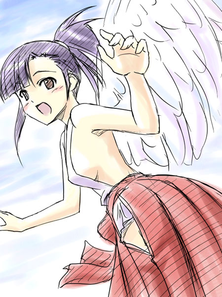 masakichi (crossroad), sakurazaki setsuna, mahou sensei negima!, 00s, 1girl, angel wings, breasts, female focus, japanese clothes, kimono, medium breasts, side ponytail, solo, topless female, wings