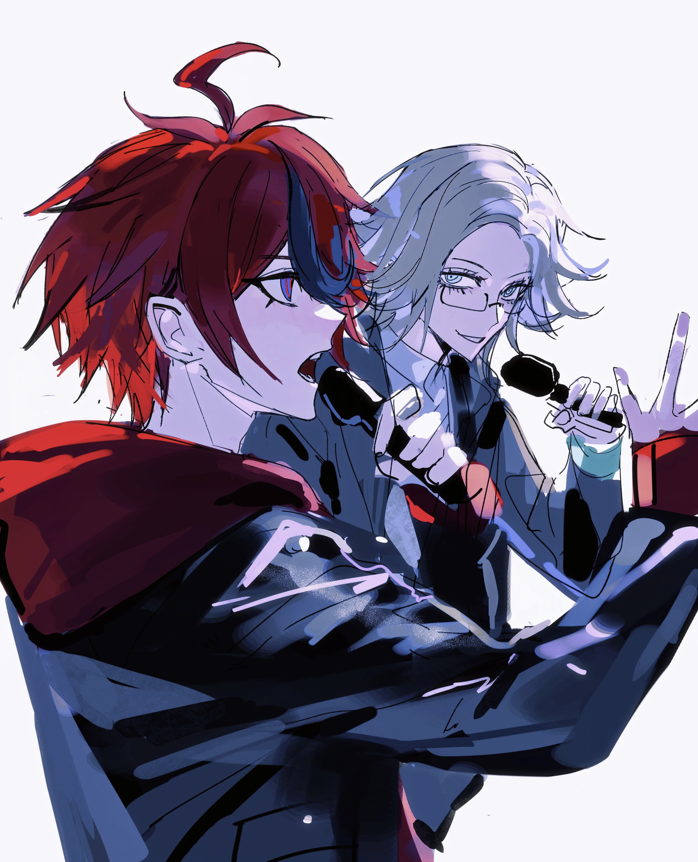 binxngchng1, aotsuki eito, sumino takumi, the hundred line -last defense academy-, absurdres, chinese commentary, commentary request, highres, 2boys, ahoge, black hair, black jacket, blue eyes, eyelashes, glasses, grey hair, grin, holding, holding microphone, hood, hood down, jacket, jacket over hoodie, male focus, microphone, multicolored hair, multiple boys, open mouth, rectangular eyewear, red hair, semi-rimless eyewear, shirt, short hair, simple background, sketch, sleeves past wrists, smile, streaked hair, two-tone hair, white background, white shirt