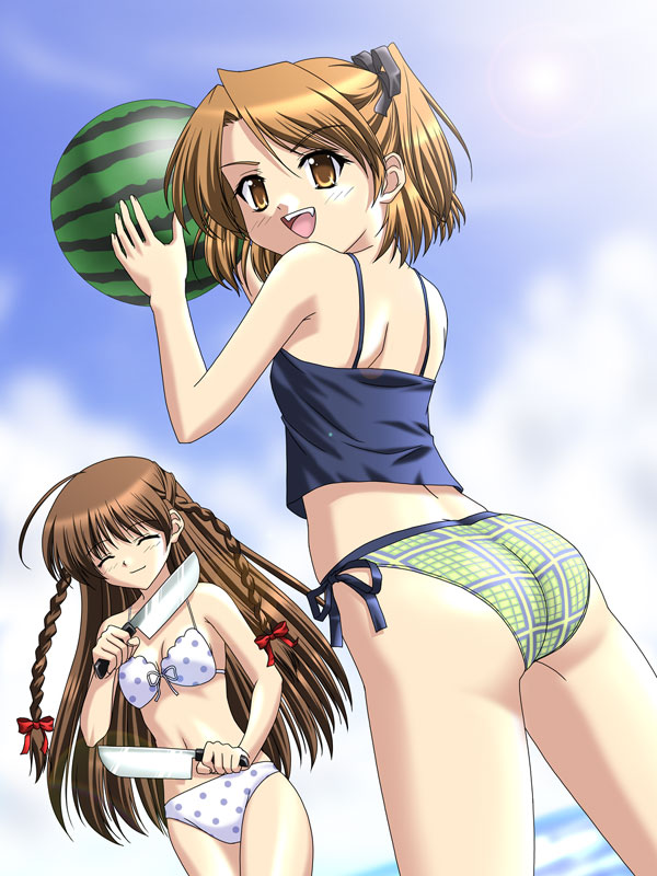 masakichi (crossroad), karen (sister princess), yotsuba (sister princess), sister princess, 00s, 2girls, :d, ahoge, ass, bikini, braid, brown hair, closed eyes, day, dual wielding, fang, food, fruit, holding, holding food, holding fruit, holding watermelon, knife, long hair, multiple girls, open mouth, polka dot, polka dot bikini, side-tie bikini bottom, smile, swimsuit, tankini, twin braids, watermelon, white bikini, yellow eyes