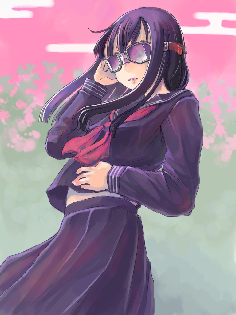 hidari kagetora, original, 1girl, black hair, black serafuku, cloud, egasumi, female focus, glasses, goggles, long hair, pink sky, school uniform, serafuku, sky, solo