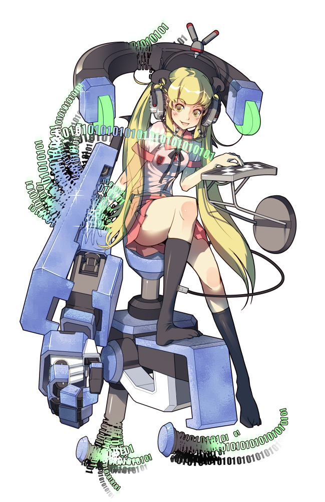 vofan, blonde hair, brown eyes, feet, legs, playing games, socks, solo, twintails