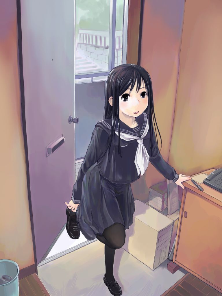 hidari kagetora, original, 1girl, black eyes, black hair, black pantyhose, black serafuku, door, female focus, full body, loafers, long hair, pantyhose, putting on footwear, school uniform, serafuku, shoes, skirt, solo, thighhighs