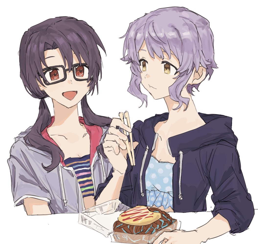 makabe mizuki, takayama sayoko, idolmaster, idolmaster million live!, idolmaster million live! theater days, 2girls, :d, :t, black hair, chopsticks, crop top, drawstring, eating, glasses, hair between eyes, hair ornament, hand on table, holding, holding chopsticks, hood, hood down, hoodie, long hair, looking at another, low twintails, multiple girls, nfmmpx zfmmpx, open mouth, purple hair, purple hoodie, short bangs, short sleeves, sidelocks, sleeves rolled up, smile, striped clothes, table, twintails, upper body, white background, yellow eyes