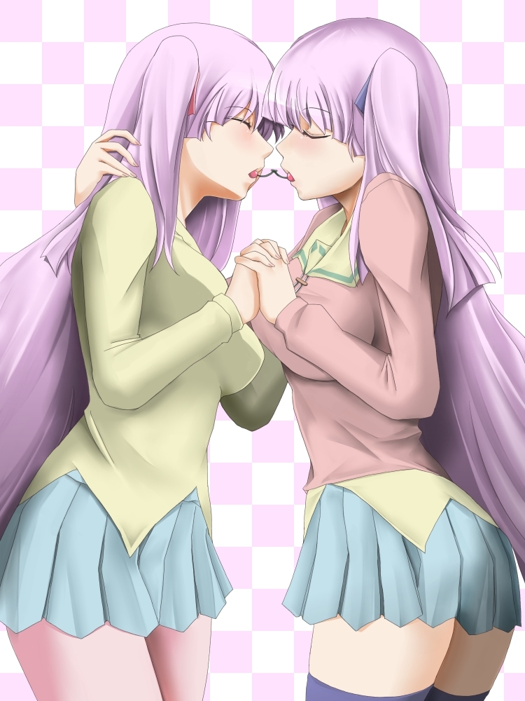 chemical-x, kashiwagi yuuma, kashiwagi yuuna, pani poni dash!, bad id, bad pixiv id, 00s, 2girls, cherry, closed eyes, food, fruit, holding hands, incest, long hair, multiple girls, purple hair, school uniform, serafuku, sharing food, siblings, sisters, skirt, thighhighs, twins, yuri, zettai ryouiki