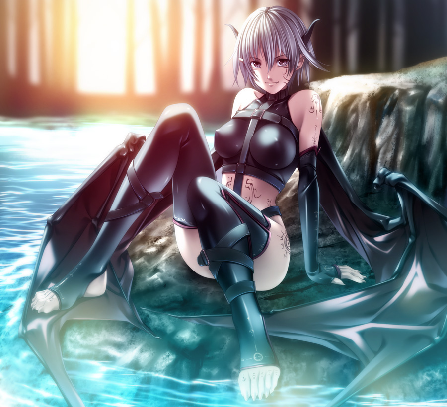 rezi, original, 1girl, arm support, bare shoulders, barefoot, bat wings, black thighhighs, bloom, blue eyes, blue hair, breasts, claws, covered erect nipples, demon girl, demon wings, elbow gloves, facial mark, feet, female focus, fingerless gloves, full body, gloves, grey eyes, horns, impossible clothes, impossible shirt, legs, long legs, looking at viewer, matching hair/eyes, midriff, pink eyes, pointy ears, shiny clothes, shirt, short hair, sitting, skin tight, slit pupils, smile, solo, strap, tattoo, thighhighs, toeless legwear, toes, water, white hair, wings