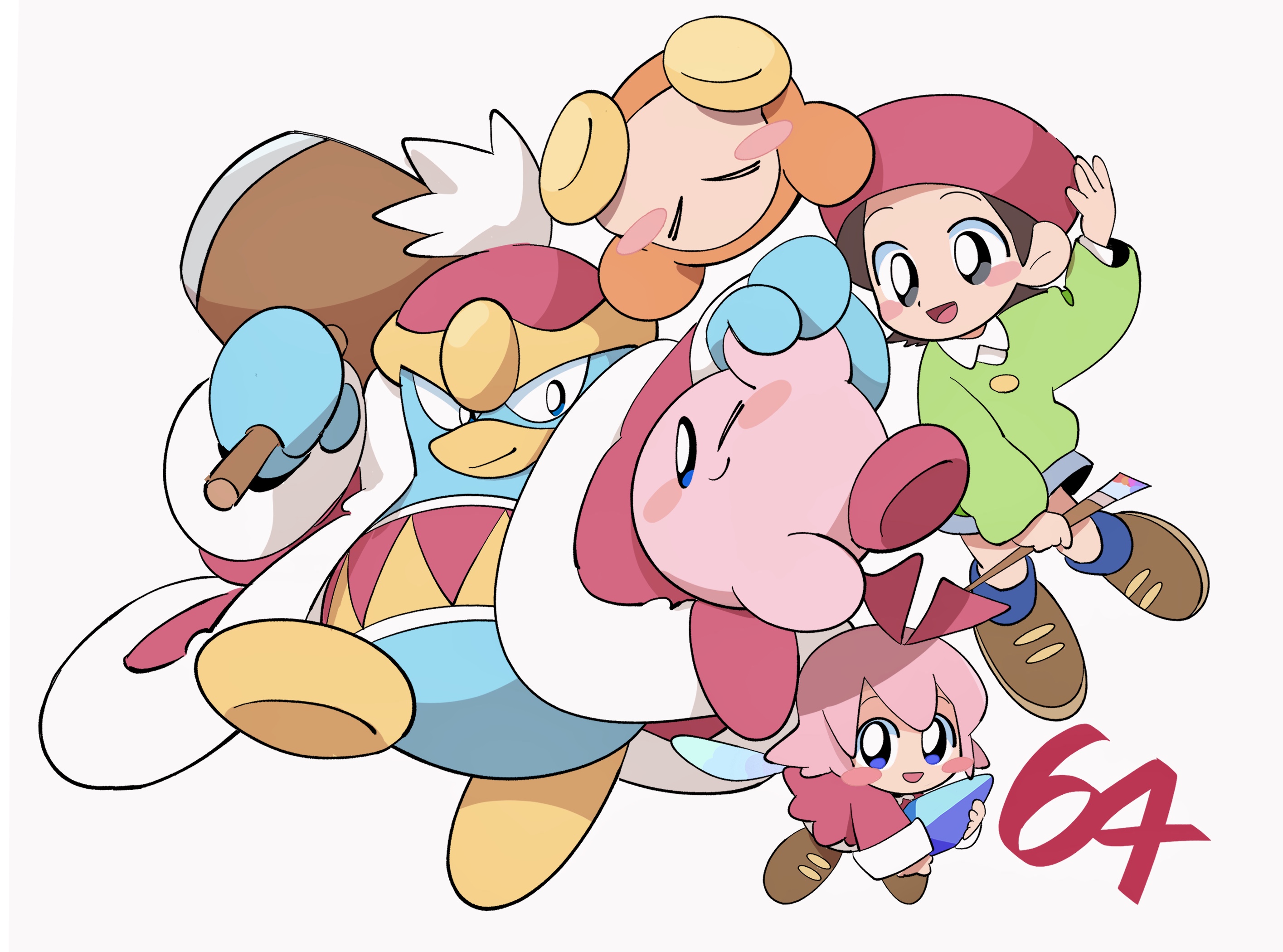 adeleine, king dedede, kirby, ribbon (kirby), waddle dee, kirby (series), kirby 64, nintendo, highres, 2girls, beret, black hair, blue eyes, coat, colored skin, crystal, hammer, hat, holding, holding crystal, holding hammer, holding paintbrush, multiple girls, one eye closed, paintbrush, pink hair, pink skin, red coat, red hat, simple background, smile, tako (katw4223), white background