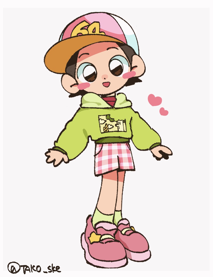 adeleine, kirby (series), kirby 64, nintendo, 1girl, artist name, baseball cap, black eyes, black hair, green hoodie, grey background, hat, heart, hood, hoodie, looking at viewer, pink shoes, pink shorts, shoes, shorts, simple background, smile, sneakers, tako (katw4223)