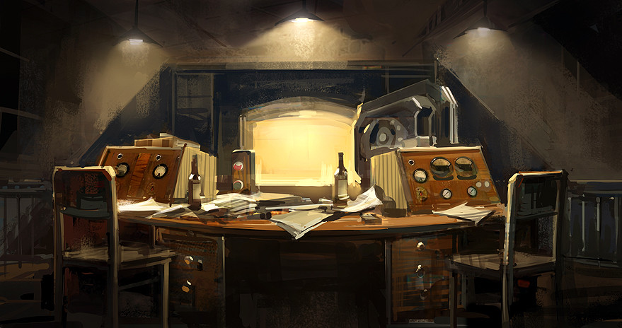 ben lo, bioshock, bioshock (series), bioshock infinite, alcohol, ceiling light, chair, compass, drawer, elizabeth tower, gauge, glass bottle, indoors, machinery, no humans, notebook, painterly, paper, scenery, window, wooden chair, wooden desk