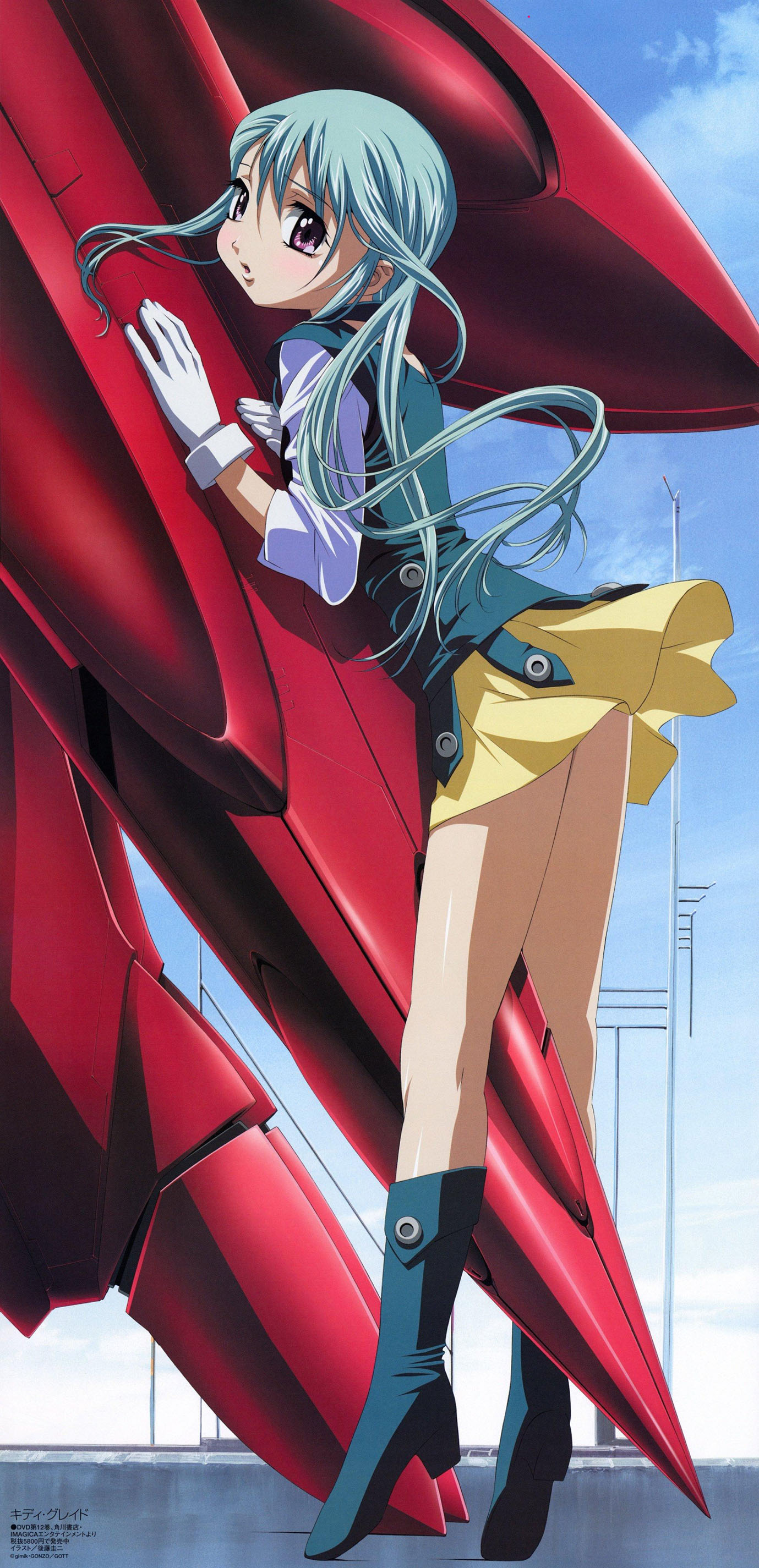 gotou keiji, lumiere (kiddy grade), kiddy grade, megami magazine, absurdres, highres, official art, scan, 00s, 1girl, blue hair, boots, female focus, gloves, high heels, long hair, mecha, purple eyes, robot, shoes, skirt, solo, white gloves