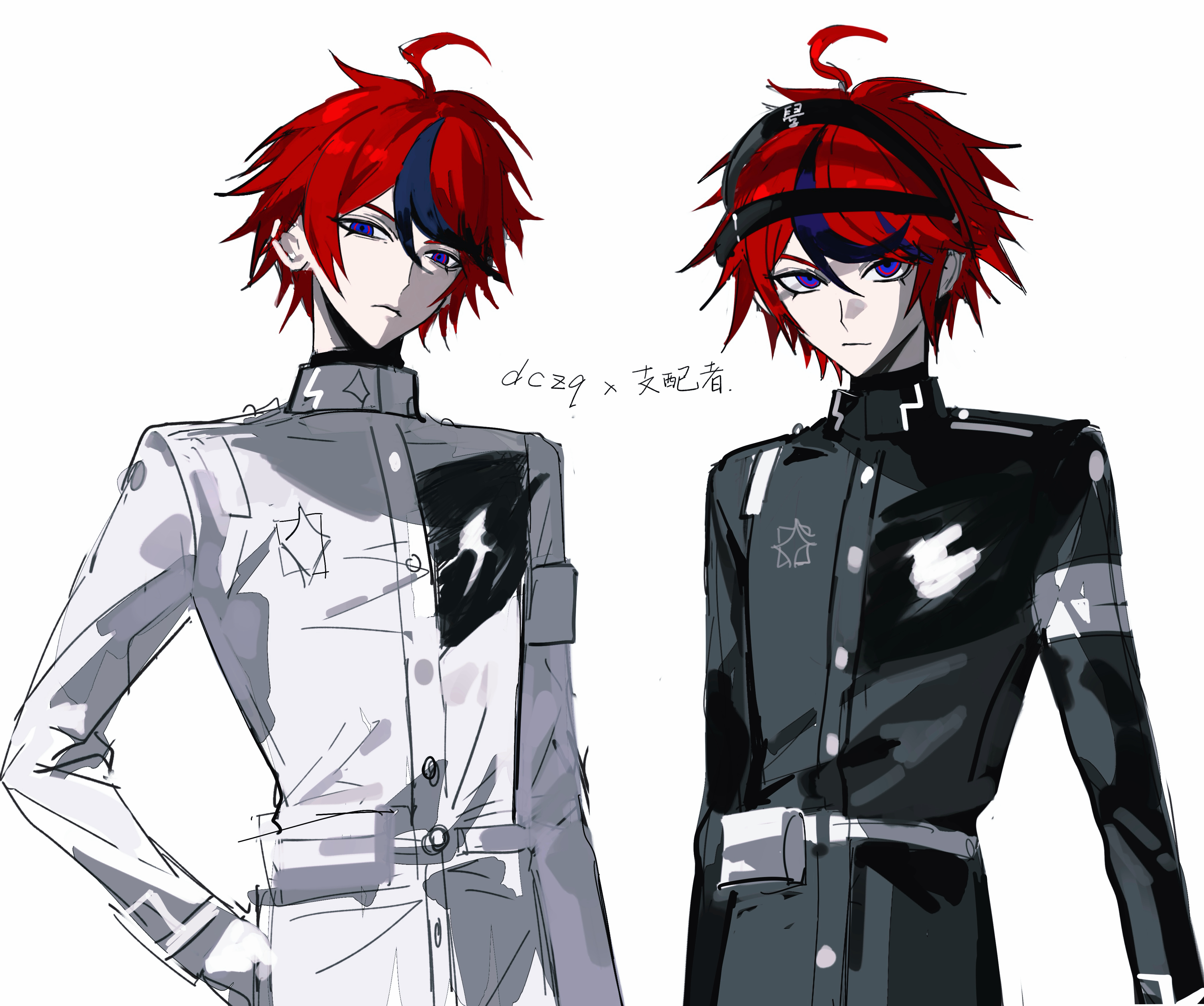 binxngchng1, sumino takumi, the hundred line -last defense academy-, absurdres, chinese commentary, commentary request, highres, translation request, 2boys, ahoge, armband, belt, belt pouch, black hair, black jacket, blue eyes, buttons, chinese text, closed mouth, dual persona, gloves, hair between eyes, hand on own hip, hole in chest, hole on body, jacket, male focus, multicolored hair, multiple boys, official alternate color, pouch, red hair, short hair, sketch, streaked hair, two-tone hair, white armband, white belt, white gloves, white jacket