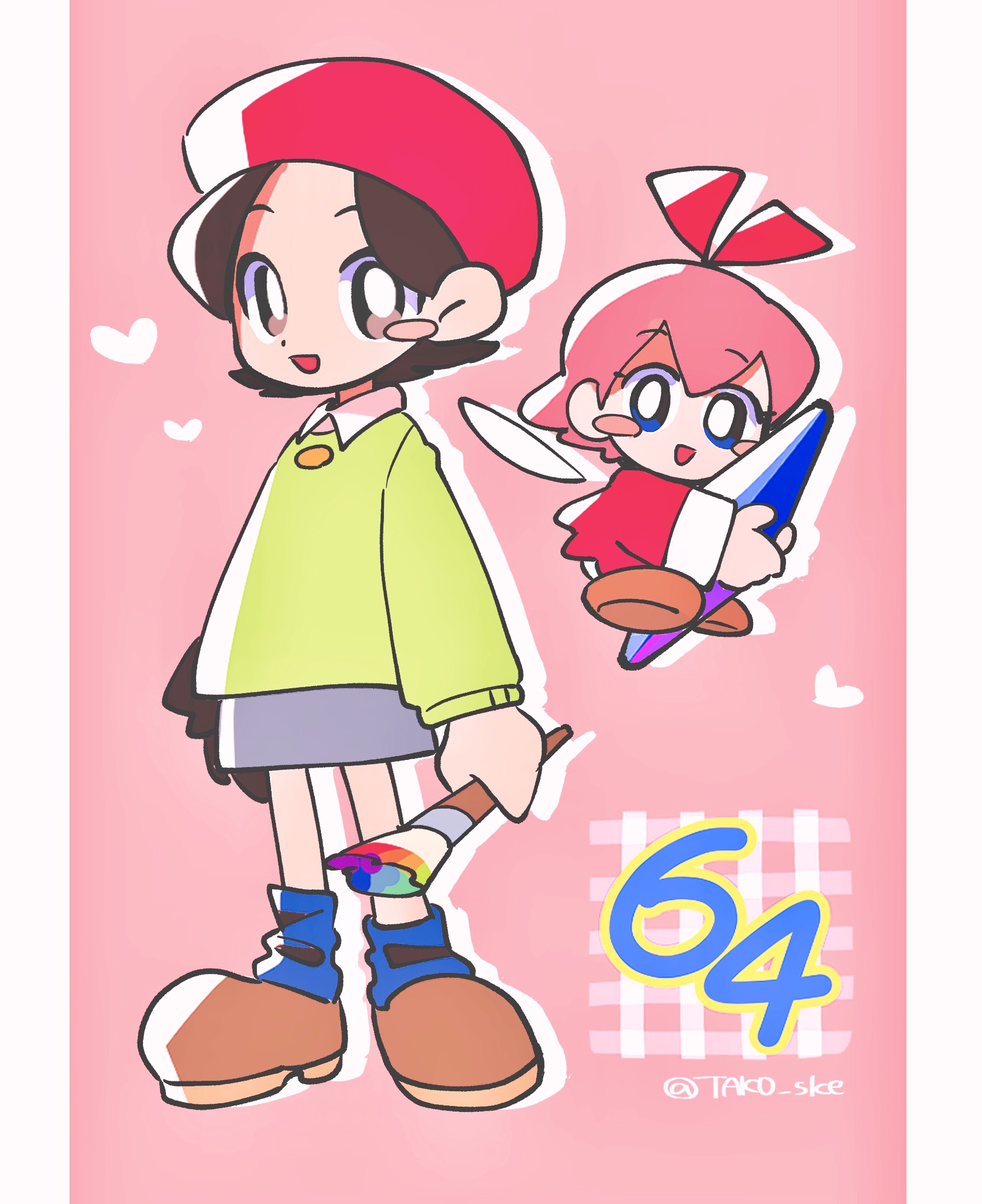 adeleine, ribbon (kirby), kirby (series), kirby 64, nintendo, highres, 2girls, artist name, beret, black hair, bow, brown shoes, fairy, fairy wings, grey skirt, hair bow, hat, heart, holding, holding paintbrush, multiple girls, paintbrush, pink background, pink hair, red bow, red hat, shoes, simple background, skirt, smock, socks, tako (katw4223), wings