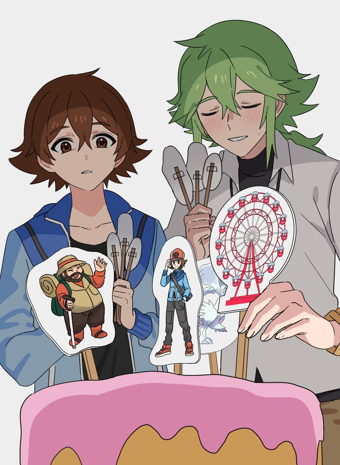 p (flavorppp), hiker (pokemon), hilbert (pokemon), n (pokemon), nintendo, pokemon, pokemon bw, commentary, highres, 2boys, black shirt, blue jacket, blush, brown eyes, brown hair, cake, closed eyes, collarbone, collared shirt, food, green hair, grin, holding, jacket, long hair, looking down, male focus, multiple boys, open clothes, open jacket, shirt, short hair, smile, teeth, white background