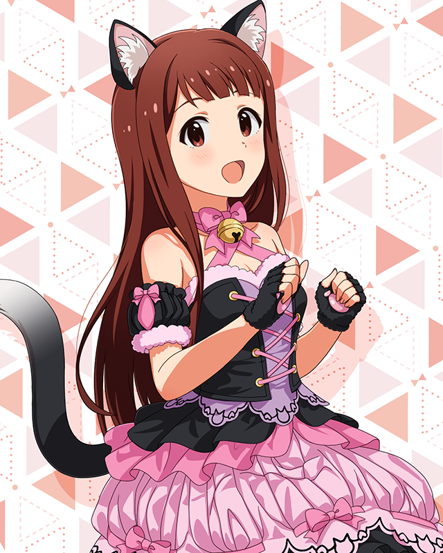 tanaka kotoha, idolmaster, idolmaster million live!, idolmaster million live! theater days, official art, animal ear fluff, animal ears, animal hands, bell, black dress, black gloves, blunt bangs, bodice, breasts, brown hair, cat ears, cat tail, cleavage, detached sleeves, dress, fingerless gloves, frills, fur trim, gloves, hair intakes, jingle bell, light blush, long hair, looking at viewer, neck bell, neck ribbon, nyannyan cat's eye (idolmaster), open mouth, paw gloves, paw pose, pink ribbon, pink skirt, pink trim, red eyes, red hair, ribbon, skirt, smile, tail, triangle background