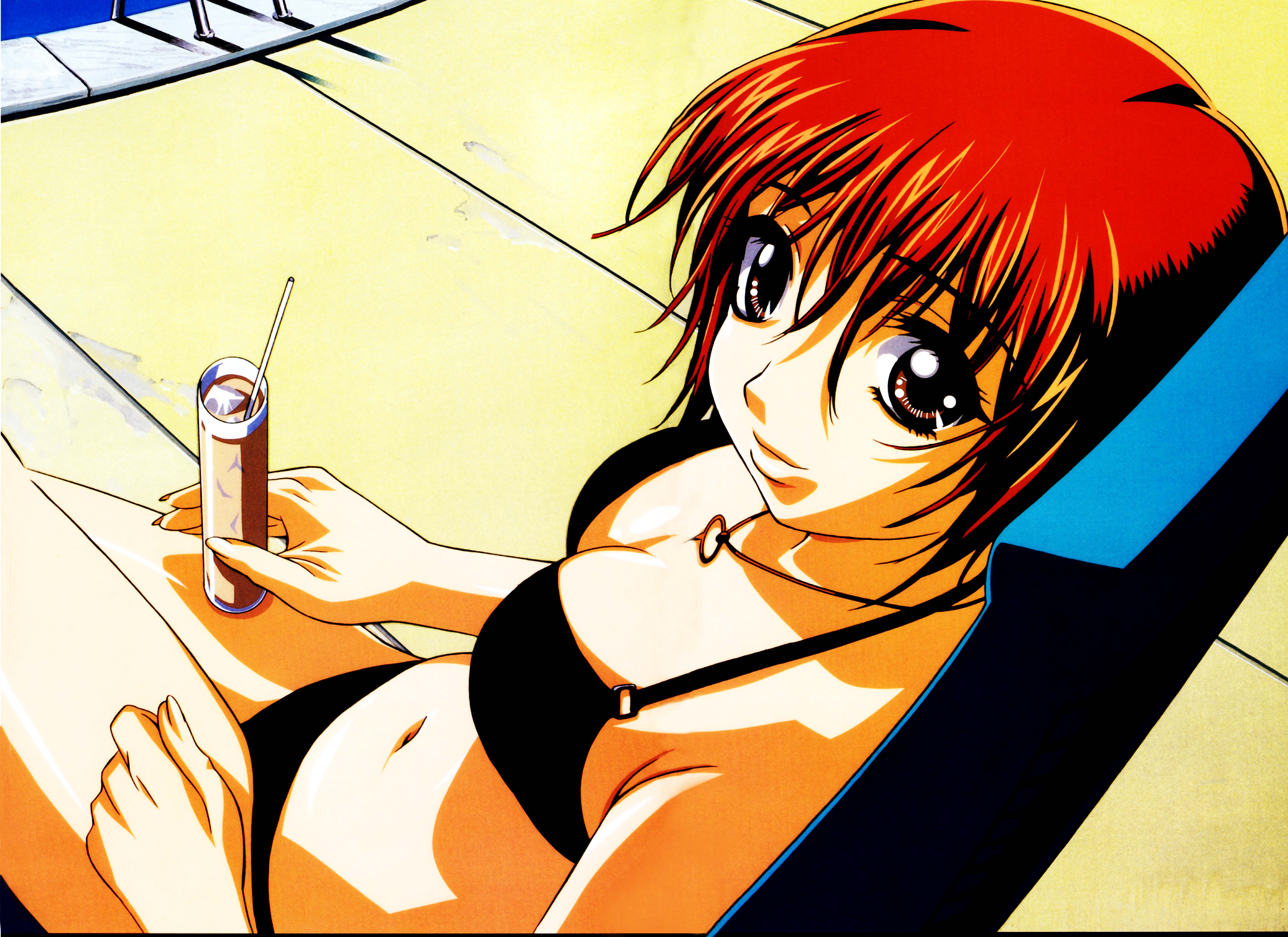 gotou keiji, eclair (kiddy grade), kiddy grade, absurdres, highres, 00s, 1girl, bikini, black bikini, breasts, can, chain, cleavage, drink, female focus, from above, light smile, looking at viewer, looking up, pool, pool ladder, poolside, shadow, sitting, solo, swimsuit