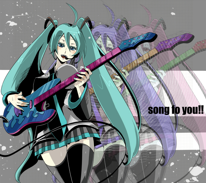 akishima kei, hatsune miku, vocaloid, bad id, bad pixiv id, 1girl, aqua hair, female focus, guitar, instrument, long hair, solo, thighhighs, twintails, very long hair