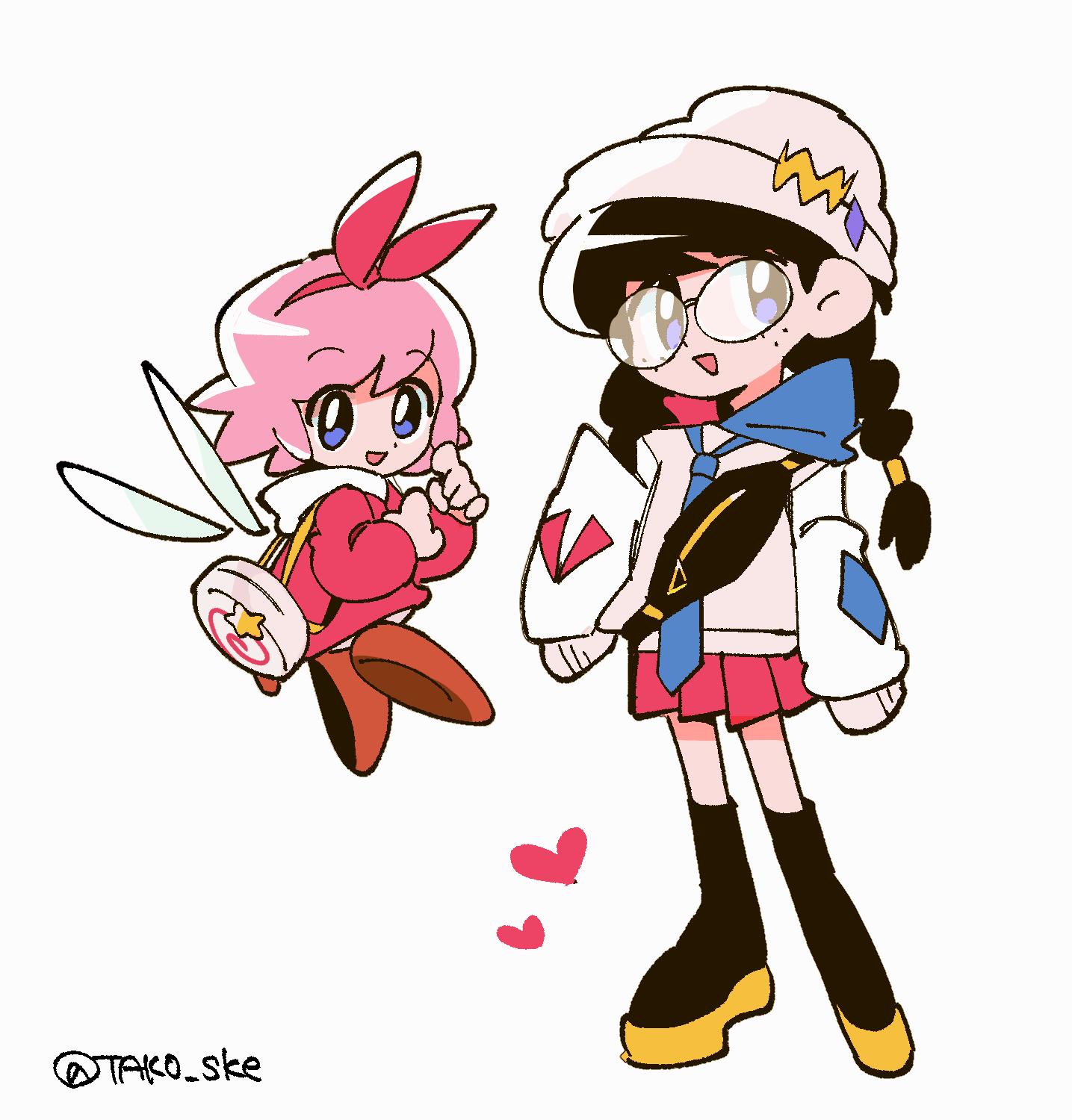 ribbon (kirby), ripple star queen, kirby (series), kirby 64, nintendo, highres, 2girls, artist name, backpack, bag, black hair, fairy, fairy wings, freckles, glasses, hat, hood, hoodie, long hair, multiple girls, pink hair, pink hoodie, pink skirt, purple eyes, simple background, skirt, sleeves past fingers, sleeves past wrists, smile, tako (katw4223), white background, white hat, wings