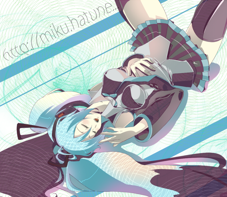 akishima kei, hatsune miku, vocaloid, bad id, bad pixiv id, 1girl, aqua hair, breasts, closed eyes, female focus, necktie, open mouth, solo, thighhighs