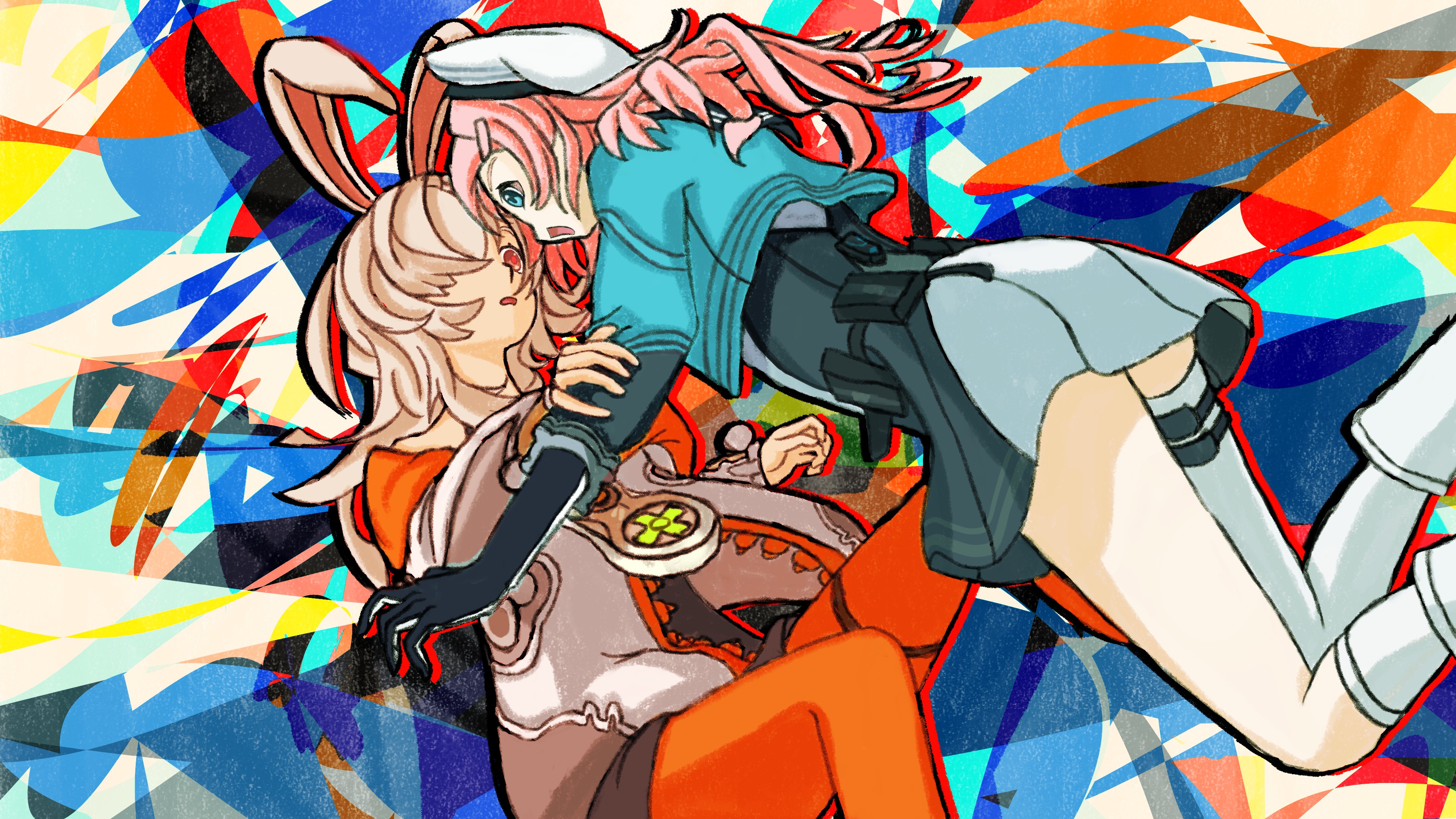 kira (trigger of fate the novita), fate trigger: the novita, absurdres, highres, 2girls, animal ears, blue eyes, hair flip, hair ornament, hair over one eye, hairpin, hand up, hands up, hat, high up, holding, long hair, multiple girls, nase (trigger of fate the novita), open mouth, pink hair, rabbit ears, red eyes, white hair