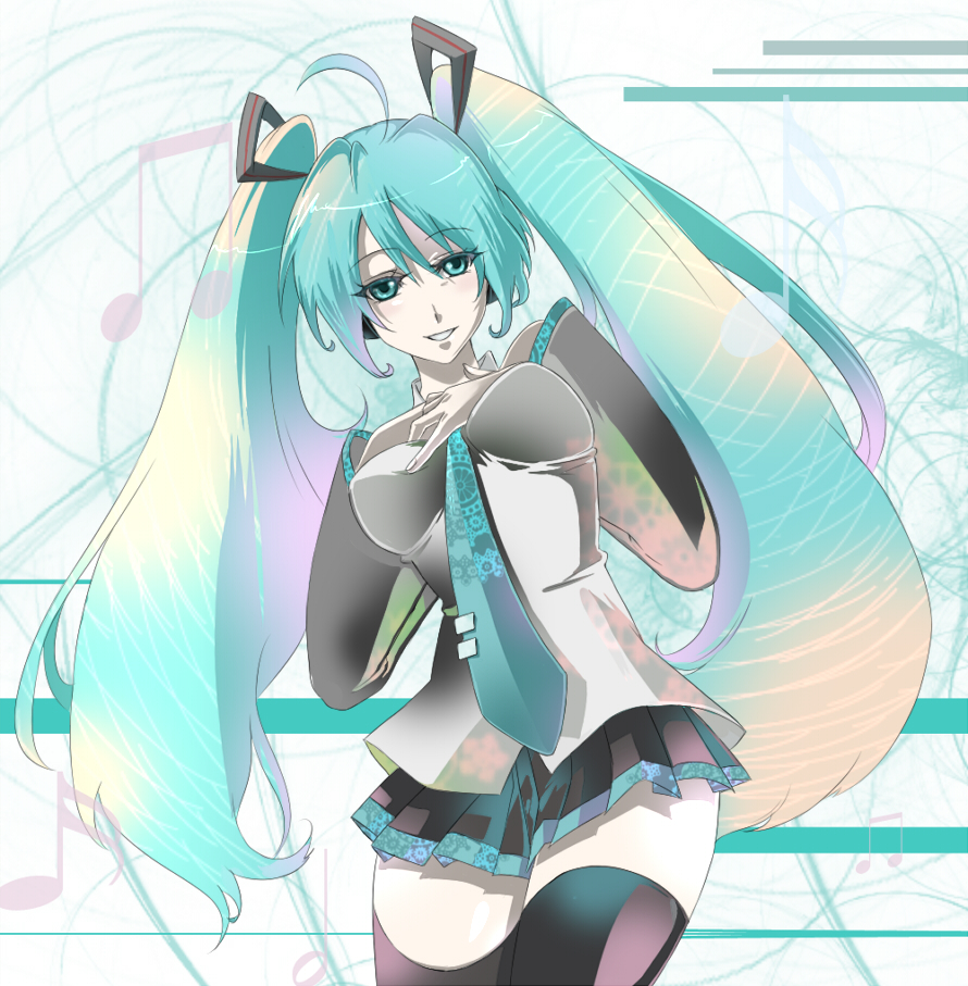 akishima kei, hatsune miku, vocaloid, bad id, bad pixiv id, aqua hair, breasts, long hair, necktie, solo, thighhighs, twintails