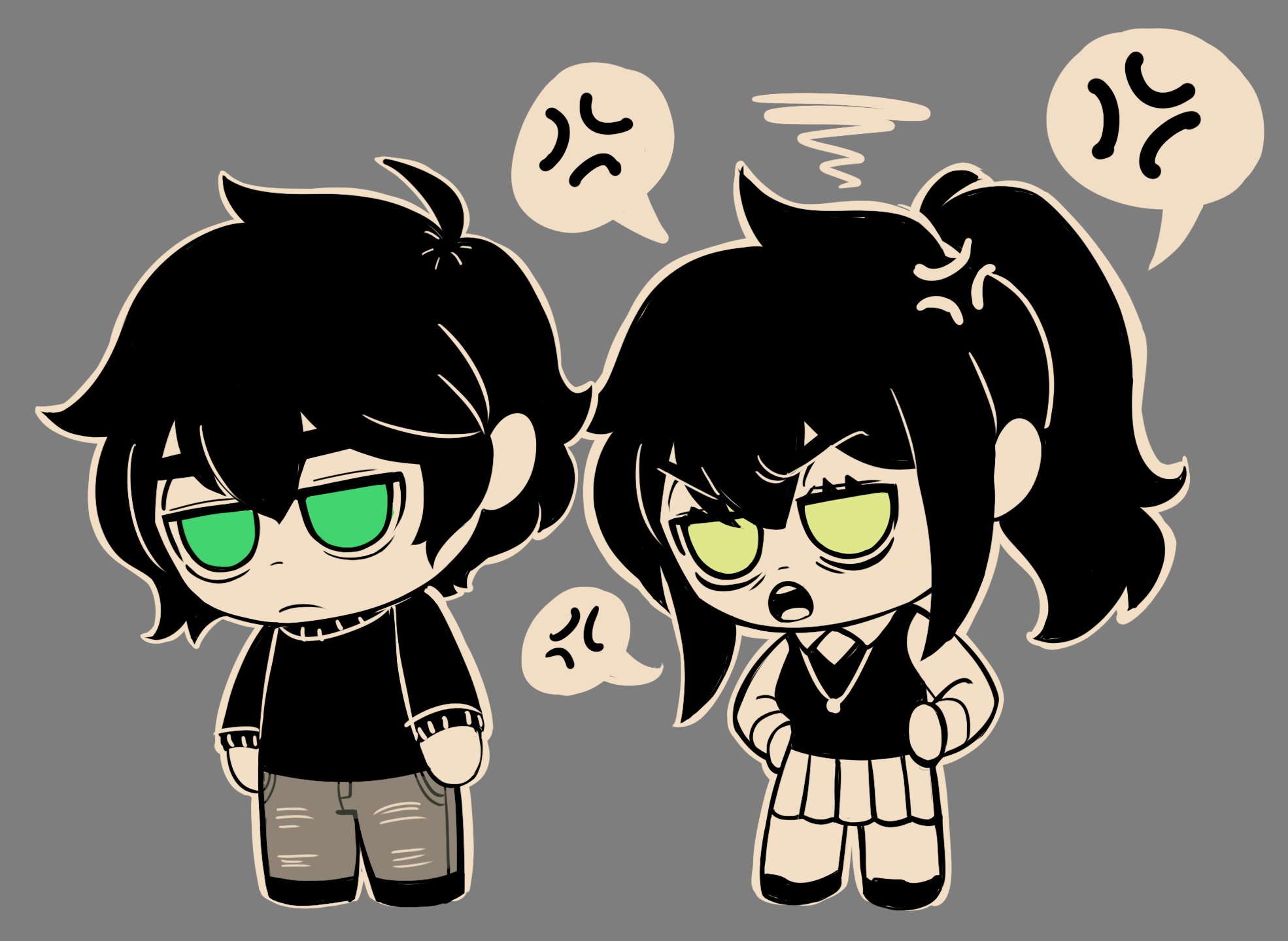 andrew graves, renee graves, the coffin of andy and leyley, highres, 1boy, 1girl, angry, black hair, black sweater, chibi, complaining, discordmf, green eyes, grey background, hand on own hip, mother and son, skirt, sweater