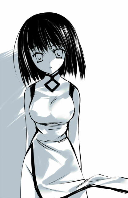 rei (artist), rei (rei's room), original, bad id, bad pixiv id, 1girl, bare shoulders, black hair, blue theme, breasts, china dress, chinese clothes, dress, female focus, monochrome, short hair, solo
