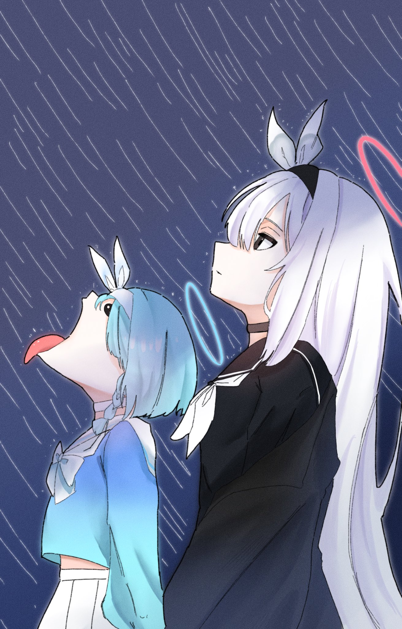 966 kururu 966, arona (blue archive), plana (blue archive), blue archive, commentary, highres, symbol-only commentary, 2girls, arm at side, black choker, black coat, black eyes, black hairband, black serafuku, black skirt, blue hair, blue halo, blue shirt, bow, bowtie, braid, choker, closed mouth, coat, cowboy shot, expressionless, from side, goku and vegeta in the rain (meme), hair bow, hairband, halo, long hair, looking up, meme, multiple girls, neckerchief, open clothes, open coat, open mouth, outdoors, profile, rain, red halo, school uniform, serafuku, shirt, short hair, single braid, skirt, straight hair, tongue, tongue out, very long hair, white bow, white bowtie, white choker, white hair, white hairband, white neckerchief, white skirt