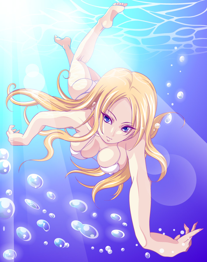 tamawo, bad id, bad pixiv id, barefoot, bikini, blonde hair, blue eyes, feet, freediving, soles, solo, swimming, swimsuit, toe scrunch, toes, underwater