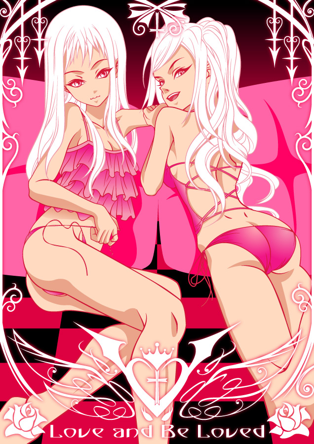 tamawo, bad id, bad pixiv id, 3girls, albino, ass, bare shoulders, dimples of venus, lingerie, long hair, lying, multiple girls, on side, panties, pillow, red eyes, side-tie panties, smile, underwear, undressing, white hair