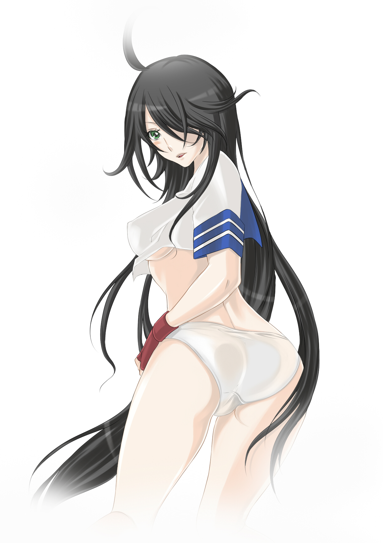 akishima kei, kan'u unchou, ikkitousen, bad id, bad pixiv id, highres, 00s, 1girl, ahoge, ass, black hair, breasts, covered erect nipples, female focus, fingerless gloves, from behind, gloves, green eyes, hair over one eye, hip focus, legs, long hair, medium breasts, midriff, no bra, no pants, panties, parted lips, perky breasts, school uniform, serafuku, sideboob, solo, thighs, underboob, underwear, very long hair, white panties
