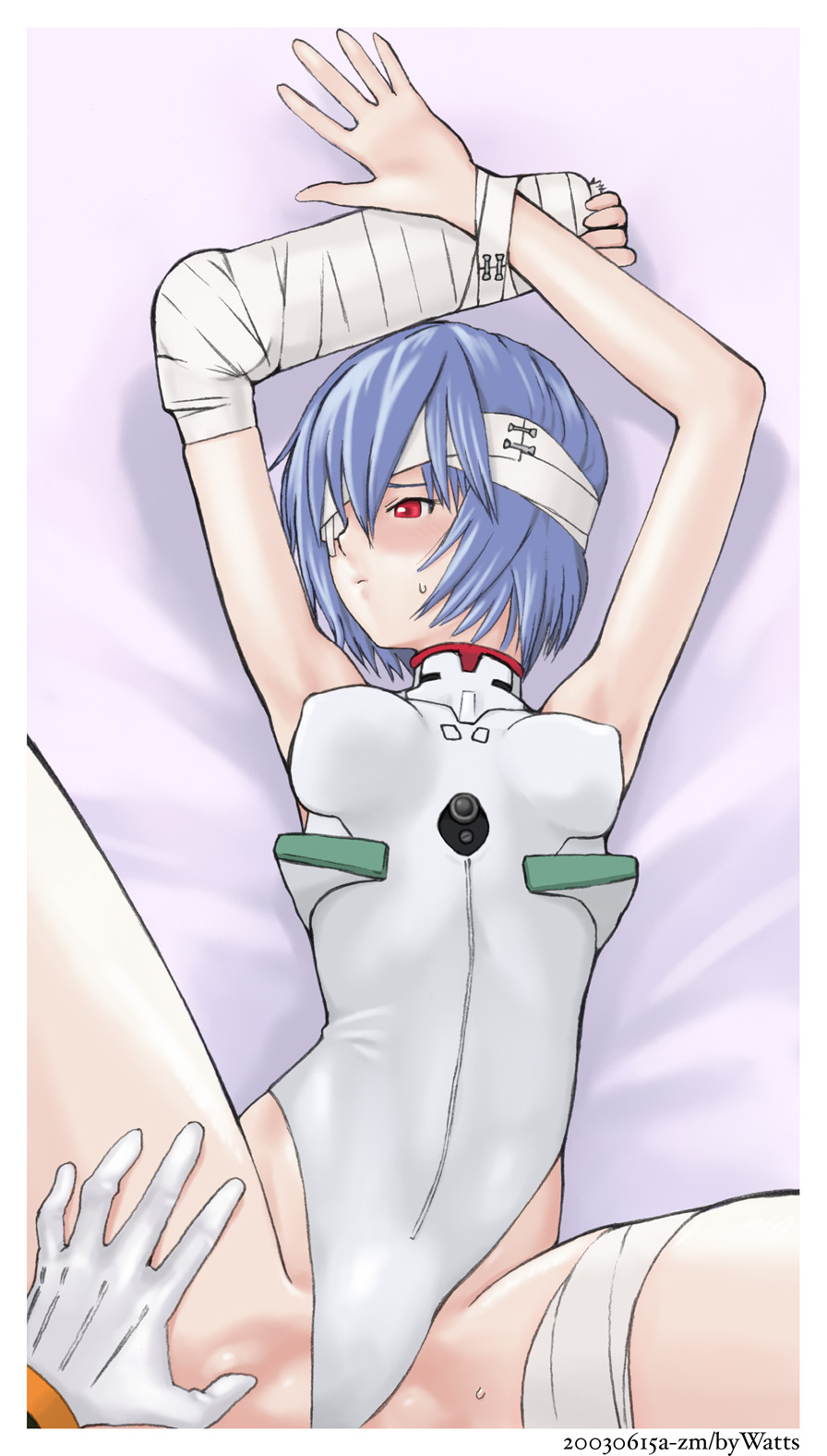 royalwatts, ayanami rei, ikari gendou, neon genesis evangelion, looking away, pilot suit, highres, 1boy, 1girl, adapted costume, age difference, armpits, arms up, bandage over one eye, bandaged head, bandaged leg, bandages, bare shoulders, bdsm, bed sheet, blue hair, blush, bondage, bound, bound wrists, breasts, cast, clenched hand, closed mouth, covered erect nipples, cowboy shot, crotch, embarrassed, eyepatch, from above, gloves, groin, hair between eyes, halterneck, hetero, highleg, highleg leotard, indoors, kegadoru, leotard, long sleeves, looking to the side, lying, mecha pilot suit, on back, on bed, pale skin, plugsuit (evangelion), raised eyebrows, red eyes, short hair, skinny, small breasts, solo focus, spread legs, sweat, thigh grab, thighs, turtleneck, white gloves, white leotard