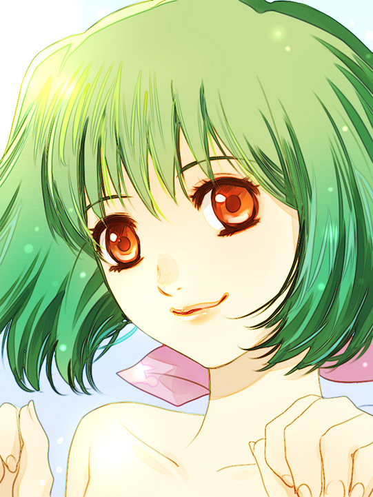 mizuhara aki, ranka lee, macross, macross frontier, bad id, bad pixiv id, 00s, 1girl, female focus, green hair, lips, portrait, smile, solo