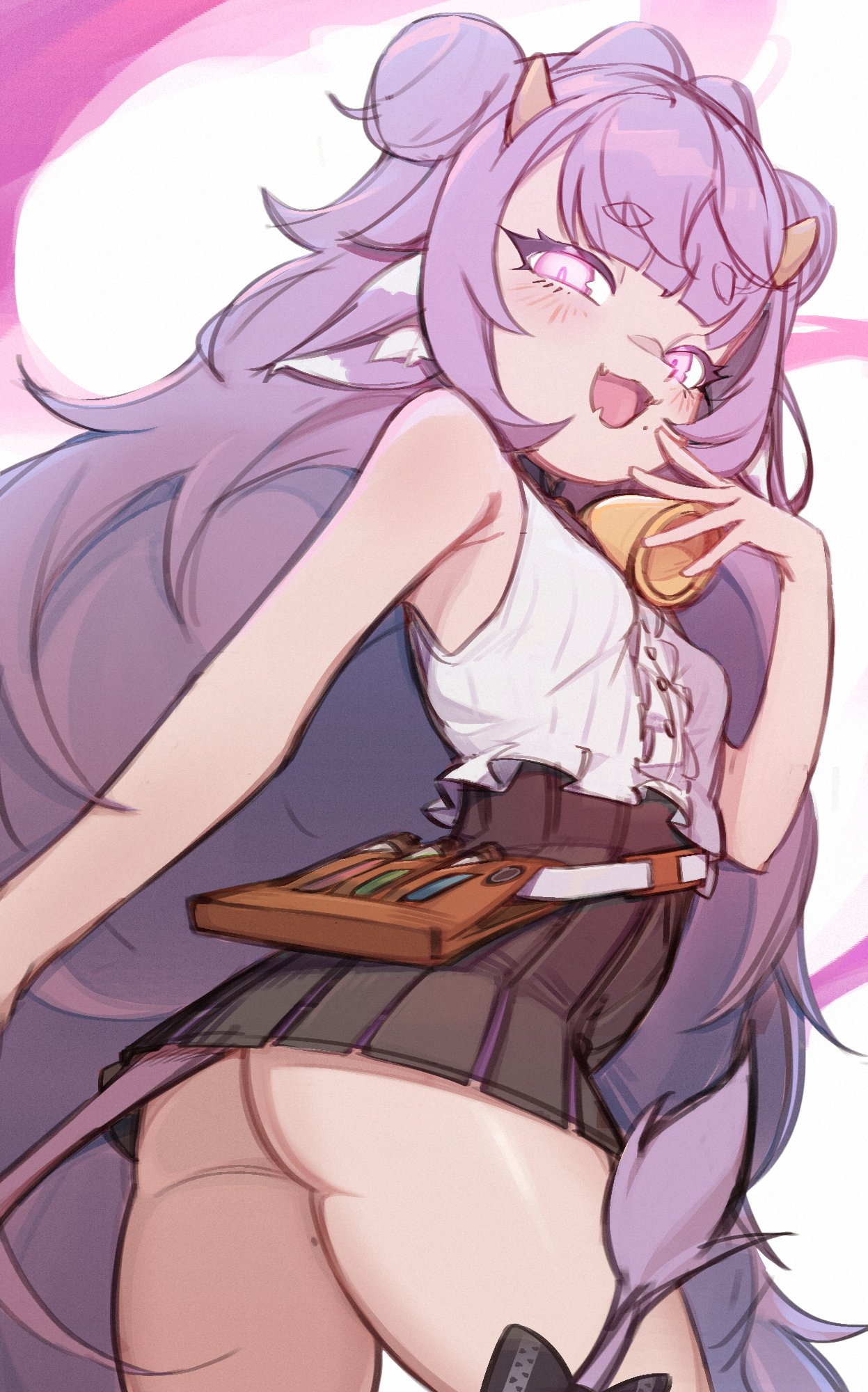 chachironi3, muu muyu, phase connect, 1girl, animal ears, ass, bare shoulders, blush, bow, cow ears, cow tail, double bun, fang, from behind, from below, hair bun, horns, looking at viewer, mole, neck bell, pink eyes, purple hair, shirt, skin fang, sleeveless, sleeveless shirt, solo, tail, upskirt, virtual youtuber