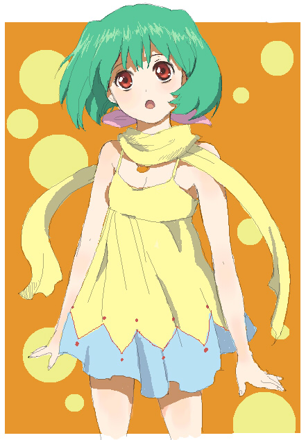 mizuhara aki, ranka lee, macross, macross frontier, bad id, bad pixiv id, 00s, cowboy shot, dress, green hair, open mouth, red eyes, scarf, short hair