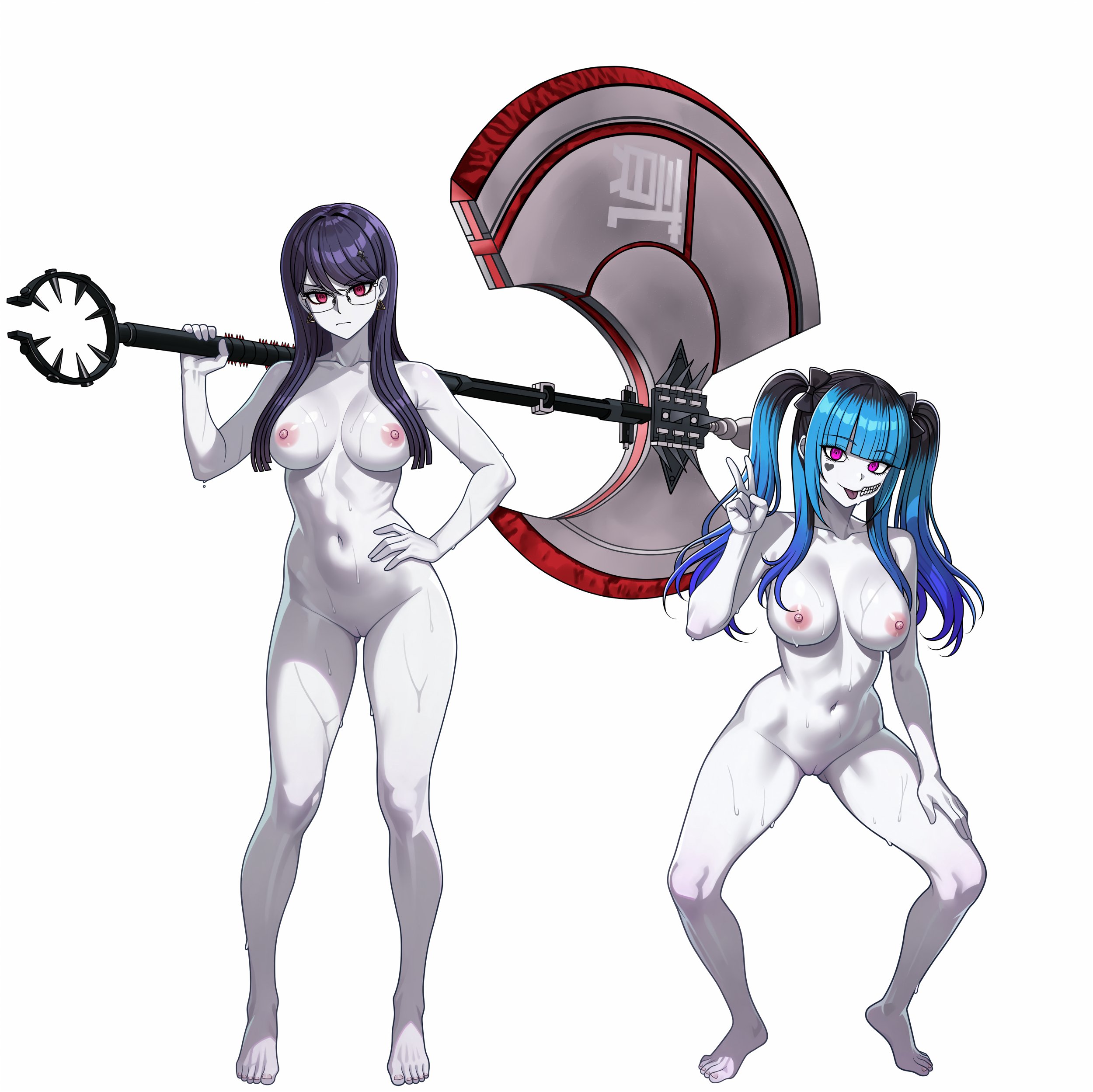 vodka13, amemiya darumi, shizuhara hiruko, the hundred line -last defense academy-, 2girls, :p, axe, blue hair, colored bangs, completely nude, glasses, hair ornament, hair ribbon, hand on own hip, hand on own leg, makeup, multiple girls, nipples, nude, pale skin, peace symbol, purple eyes, purple hair, pussy, red eyes, ribbon, squatting, sweat, tongue, tongue out