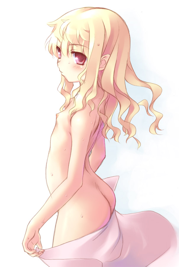 aoi kumiko, original, 1girl, ass, blonde hair, female focus, flat chest, loli, long hair, nipples, nude, red eyes, solo