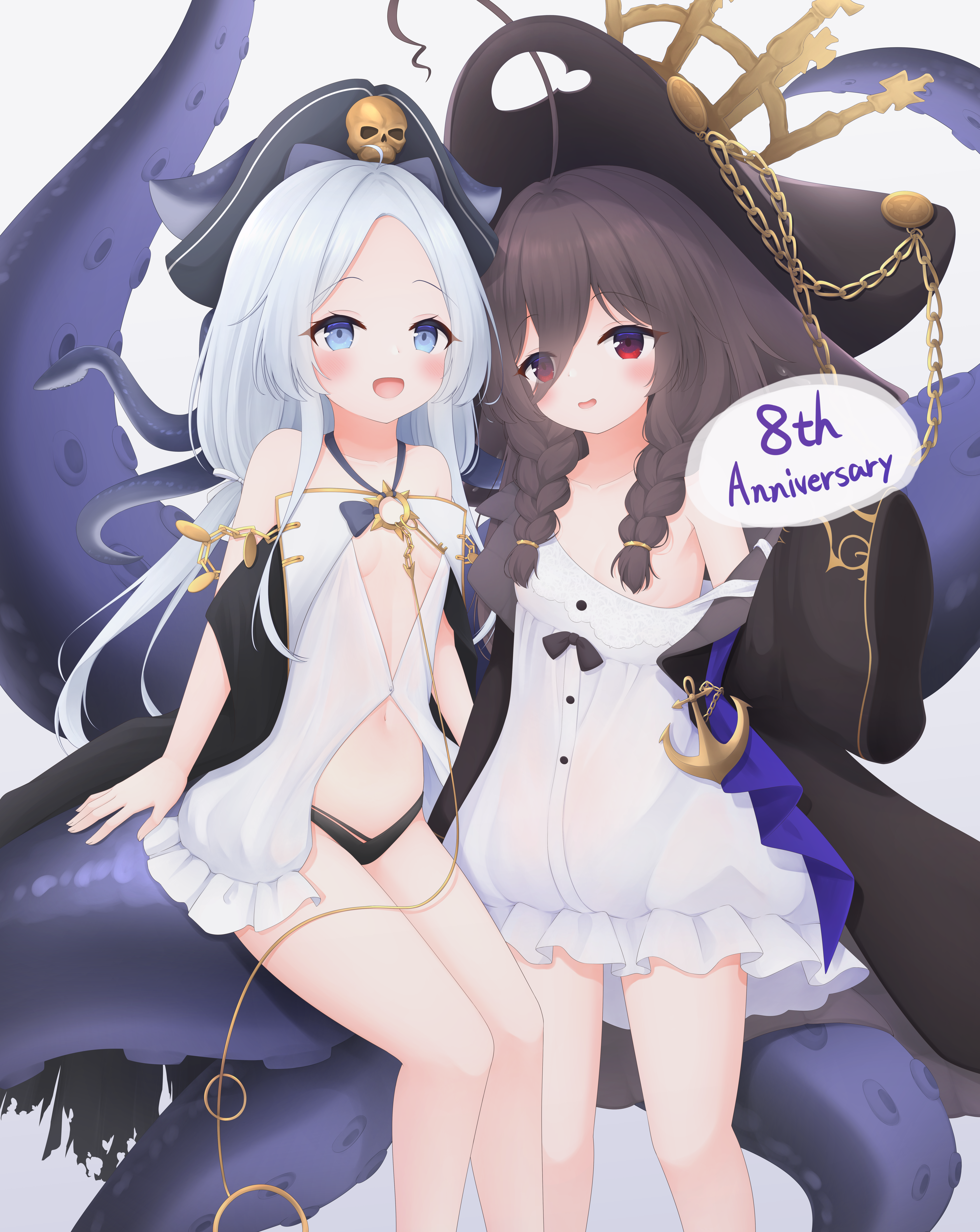 vldjm13, dolphin (azur lane), whydah (azur lane), azur lane, absurdres, highres, 2girls, :d, ahoge, anniversary, bare shoulders, black coat, black panties, blue eyes, blush, braid, breasts, brown hair, coat, dress, flat chest, hair censor, hat, long bangs, long hair, looking at viewer, multiple girls, navel, open mouth, panties, parted bangs, petite, pirate hat, red eyes, revealing clothes, simple background, small breasts, smile, stomach, suction cups, tentacles, twin braids, underwear, white background, white dress, white hair