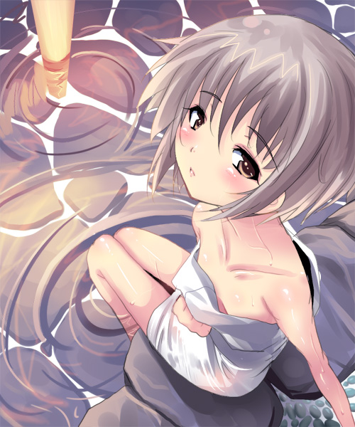 shiranagi, nagato yuki, suzumiya haruhi no yuuutsu, 00s, flat chest, naked towel, towel, water