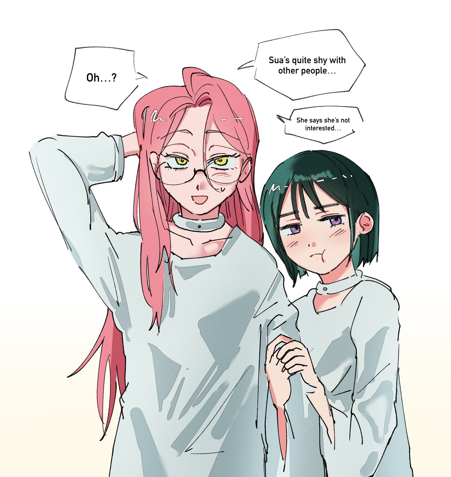 the quipper, mizi (alien stage), sua (alien stage), alien stage, commentary, english commentary, highres, 2girls, :t, black hair, choker, dress, english text, glasses, holding another's arm, long hair, long sleeves, multiple girls, open mouth, pink hair, purple eyes, scratching head, short hair, white choker, white dress, yellow eyes