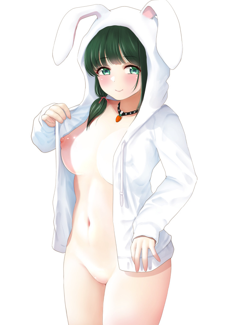 kozue akari, original, 1girl, animal ear hood, animal ears, animal hood, black hair, blush, bottomless, breasts, carrot ornament, fake animal ears, flashing, green eyes, green hair, hair tie, hood, hood up, hoodie, jewelry, lips, low twintails, medium breasts, medium hair, navel, necklace, nipples, open clothes, open hoodie, pussy, rabbit hood, smile, solo, standing, twintails, white background, white hoodie