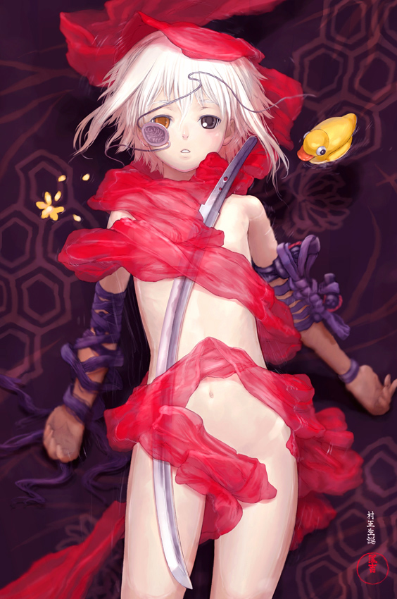 masakichi, original, 1girl, black eyes, eyepatch, female focus, flat chest, heterochromia, navel, nude, orange eyes, parted lips, rubber duck, short hair, solo, sword, unworn eyepatch, weapon, white hair