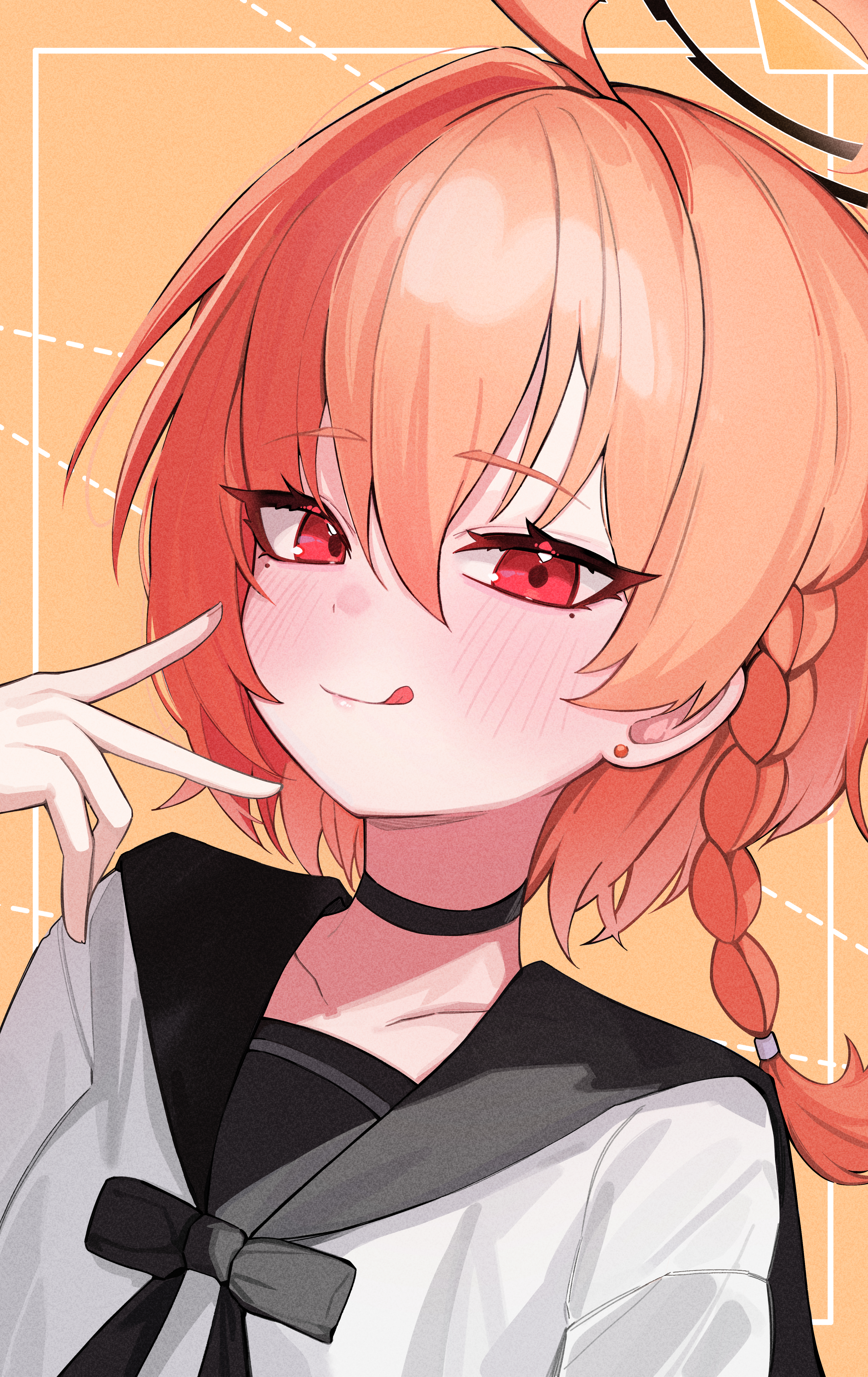 ximgyeon, neru (blue archive), blue archive, absurdres, commentary request, highres, 1girl, :p, ahoge, alternate costume, black bow, black bowtie, black choker, black halo, bow, bowtie, braid, braided sidelock, choker, collarbone, dutch angle, hair between eyes, halo, looking at viewer, mole, mole under eye, multicolored halo, orange background, orange hair, portrait, red eyes, sailor collar, school uniform, serafuku, sidelocks, simple background, single braid, smile, solo, tongue, tongue out, two-tone halo, v, white sailor collar, white serafuku