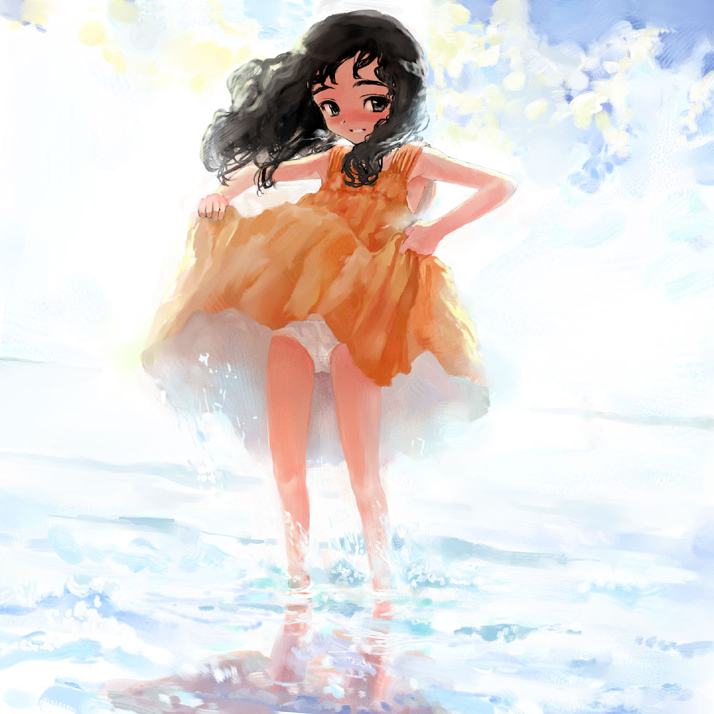 sasahara yuuki, black hair, blush, clothes lift, dress, dress lift, flat chest, legs, loli, ocean, panties, solo, standing, underwear, upskirt, water