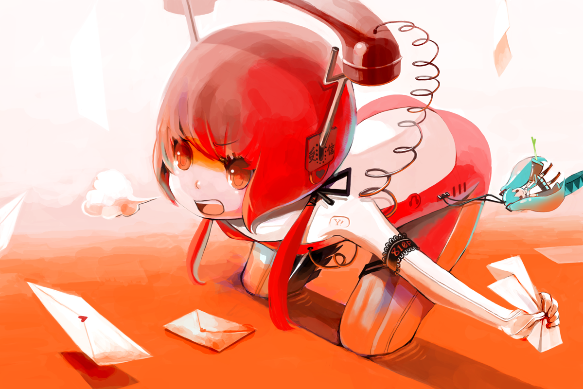 shirako mugi, hatsune miku, meiko (vocaloid), vocaloid, cameo, character doll, character name, corded phone, doll, hair over one eye, letter, phone, solo, thighhighs, wading