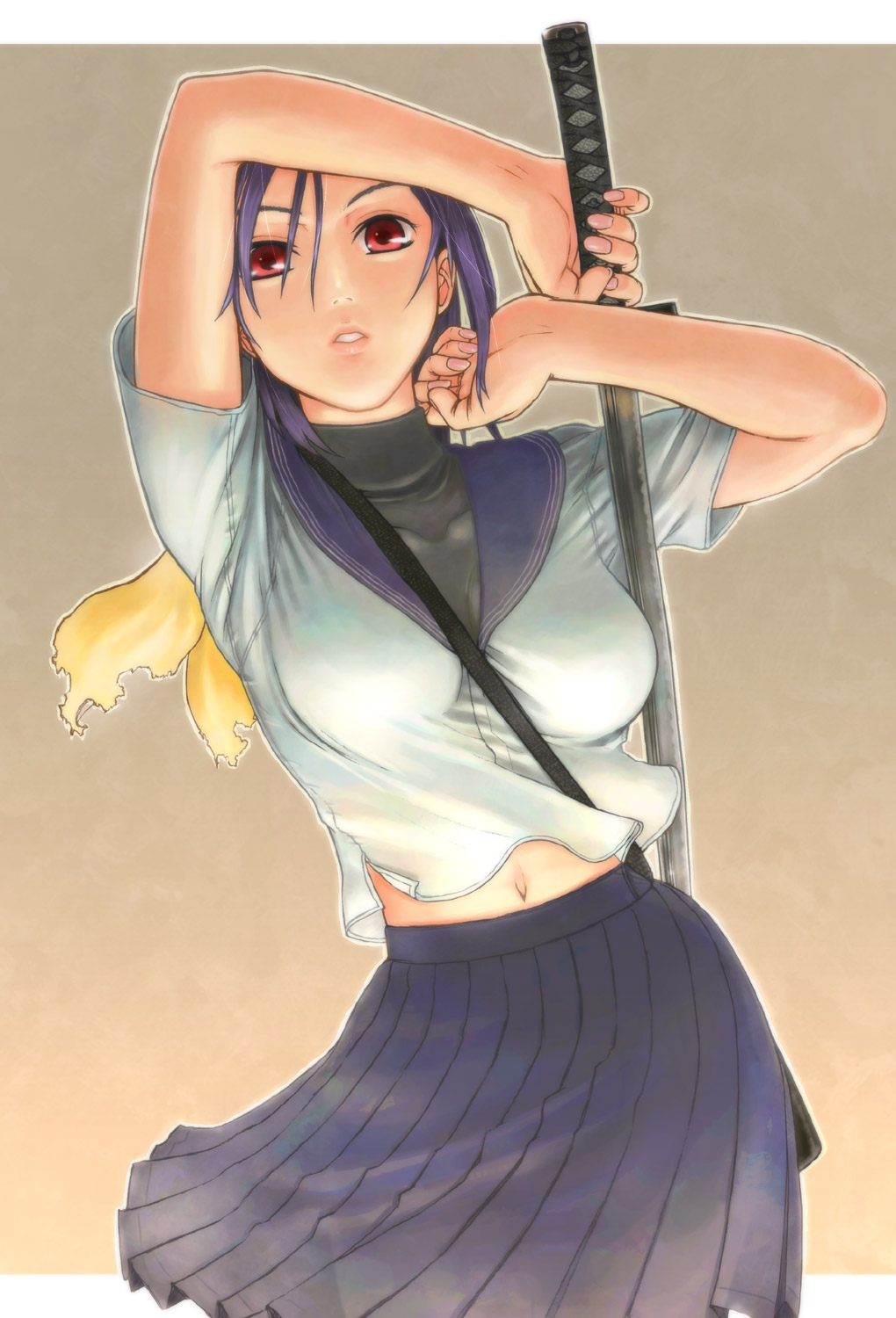 itou (onsoku tassha), original, highres, 1girl, blue hair, female focus, navel, red eyes, school uniform, serafuku, solo, sword, weapon