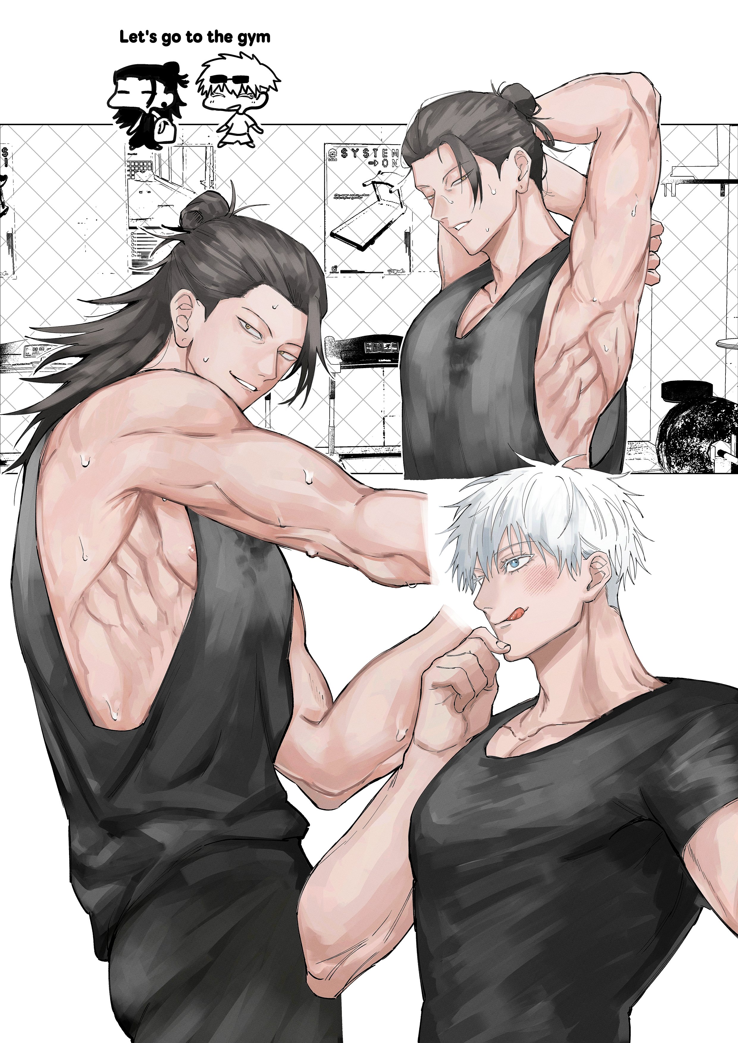 getou suguru, gojou satoru, jujutsu kaisen, absurdres, commentary request, highres, 1ittlesummer, 2boys, adam's apple, alternate costume, armpits, black hair, black pants, black tank top, blue eyes, blush, chibi, cowboy shot, from side, gym, hair bun, hair pulled back, implied yaoi, long hair, looking at viewer, male focus, multiple boys, multiple views, muscular, muscular male, nipples, no earrings, pants, pectoral cleavage, pectorals, short hair, single hair bun, sleeveless, smile, sweat, tank top, teeth, tongue, tongue out, upper body, white hair, yellow eyes
